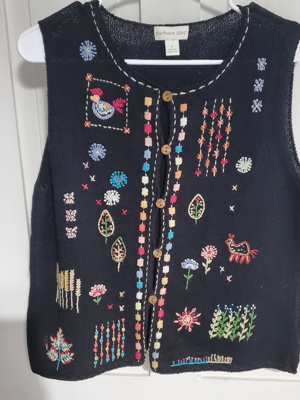 Vintage Northern Isles Sampler Knit Sweater Vest Lg Folk Art Teacher Fall Layers